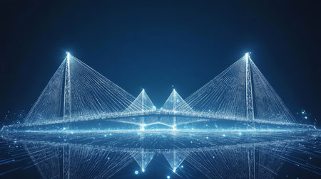 Futuristic Cityscape, Glowing Suspension Bridge Representing Digital Communication and Innovation.の素材