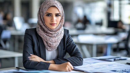 Confident Muslim Businesswoman in Hijab Sitting with Arms Crossed in a Modern Officeの素材