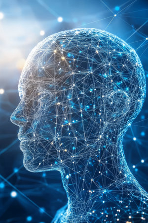 Digital Human Head on a Blue Technology Background Artificial Intelligence and the Futureの素材