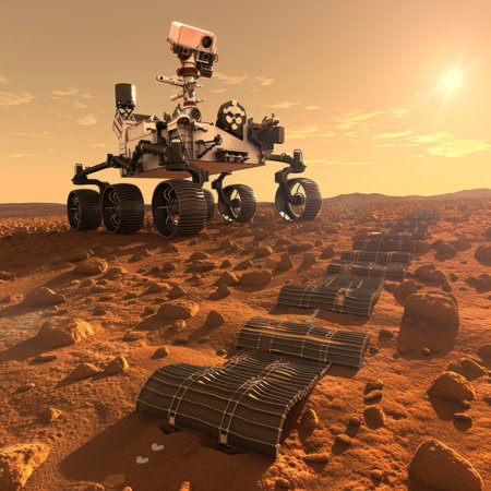 Solitude on Mars Rover Leaves Tracks in the Red Dusts Embrace,, Scientific Exploration.の素材