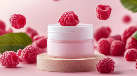 Jar Of Pink Cosmetic Cream With Fresh Raspberries On Pink Background. Organic Cosmetics.の素材