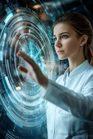 Woman Interacting with Futuristic Interface for Information Protection and Cybersecurityの素材