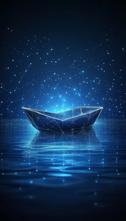 Glowing Origami Paper Boat on Calm Water Surface at Night, Dream, Hope, and Positivity Conceptの素材