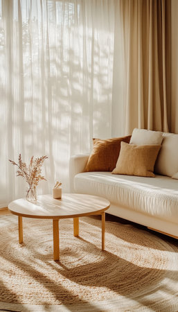 Scandinavian Living Room Interior With Cozy Sofa, Coffee Table, And Sunlight From Windowの素材