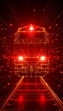 Abstract Digital Train on Red Technology Background. Railway Transport Innovation Icon,の素材
