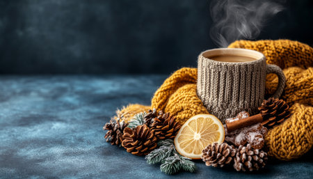 Steaming Mug of Hot Drink on Cozy Knitted Scarf With Lemon and Pine Cones Autumn Still Lifeの素材