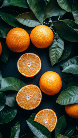 Freshly Cut and Whole Oranges Arranged with Vibrant Green Leaves on a Dark Backgroundの素材