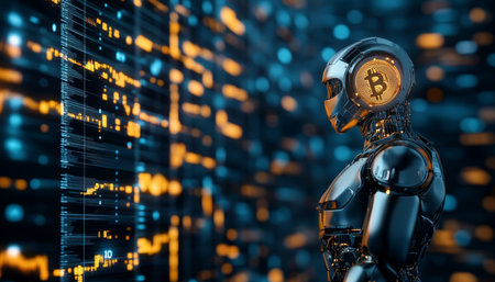 AI Robot Analyzing Cryptocurrency Market Data, Futuristic Technology and Digital Finance Conceptの素材