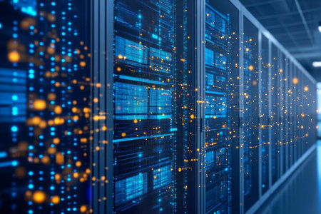 Modern Data Center With Rows Of Server Racks, Network Communication Technology And Big Data Conceptの素材