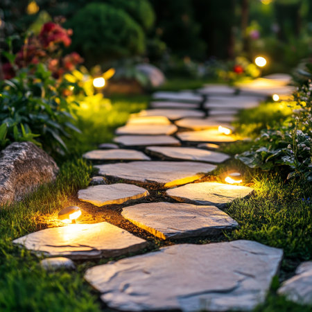 Idyllic Evening Tranquil Stone Pathway Lit By Glowing Lanterns In A Serene Garden Settingの素材