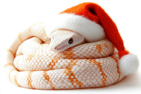 White Snake Wearing a Santa Hat, Isolated on White Background. Christmas and New Years Concept.の素材
