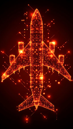 Glowing Low Poly Model Airplane on Black Background, Aviation Technology, Passenger Airlinerの素材