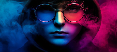 Close-up Portrait of Young Person with Glasses and Colorful Lighting Surrounded by Smokeの素材
