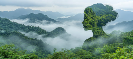 Woman Profile Blended with Majestic Mountains, Mist, Nature, and Serenity, Double Exposureの素材