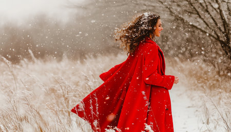 Winter Wonderland, Woman In Red Coat Enjoys A Snowy Forest Stroll. Snow Falls Gently Around Herの素材