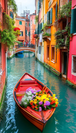 Romantic Venice Tranquil Canal in Venice with Colorful Buildings and Traditional Boat, Italyの素材