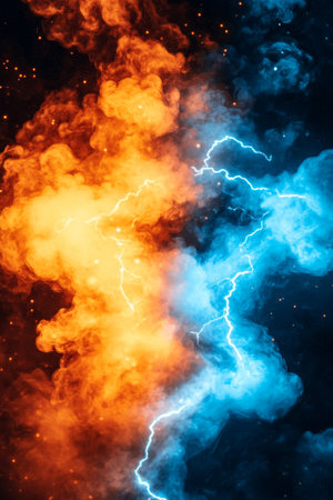 Fiery Orange and Icy Blue Lightning Strike, a Vibrant Clash of Colors in the Night Skyの素材