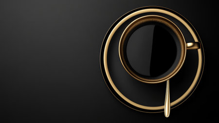 Top View of a Gold Coffee Cup on Black Background with Spoon, Minimalist Flat Lay, Luxury Conceptの素材