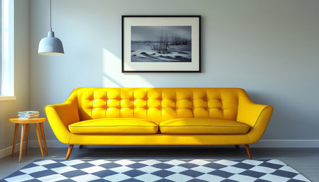Modern Minimalist Living Room with Yellow Sofa, Accent Table, and Black and White Wall Artの素材