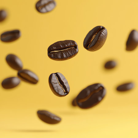 Studio Shot, Freshly Roasted Coffee Beans Are Levitating on a Vibrant Yellow Backgroundの素材