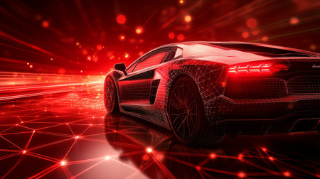 Luxury Sports Car Abstract, Futuristic Technology Background, Connecting Lines, and Glowing Dotsの素材