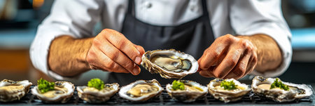 Chef Preparing Oysters, Fresh Shucked Oysters, Gourmet Seafood Dish in Restaurant Kitchenの素材