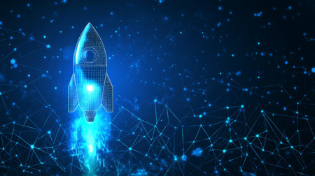 Digital Rocket Ship Launch On Blue Technology Background, Innovation And Startup Business Conceptの素材