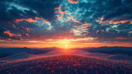 Golden Hour Network. Digital Sunset With Connected Dots, Triangles, and Glowing Skylineの素材