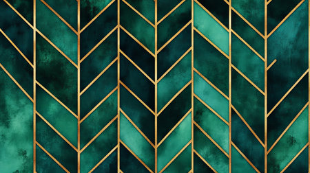 Emerald Green Watercolor Geometric Pattern, Abstract Art Deco Background, Luxury Gold Lines.の素材