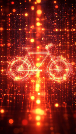 Abstract Digital Bicycle on Red Technology Background. Eco-Friendly Transport, Innovation Concept.の素材