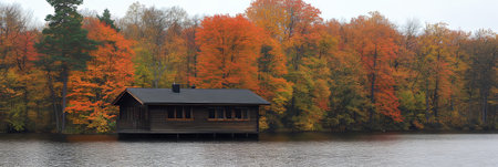 Autumn Serenity Wooden Cabin Nestled on a Tranquil Lake Surrounded by Colorful Treesの素材