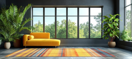 Modern living room interior, yellow sofa, scenic nature view. Spacious, minimalist. Design, homey.の素材