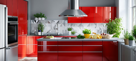 Modern Red Kitchen with Geometric Backsplash, Stainless Steel Appliances, and Fresh Herbsの素材