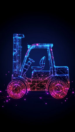 Abstract Polygonal Digital Forklift on a Technology Background - Industrial and Logistics Conceptの素材
