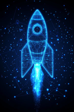 Glowing Blue Neon Rocket Launch On Dark Blue Space Background. Spaceship Startup Business Symbol.の素材