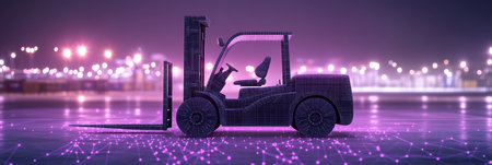 Digital Forklift on Purple Technology Background, Abstract Industrial Transport Icon.の素材