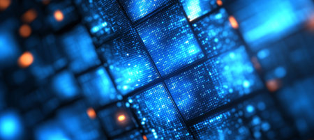 Abstract Futuristic Web Streaming Media, TV, Video Technology with Blue Lights, Tiles, and Data.の素材