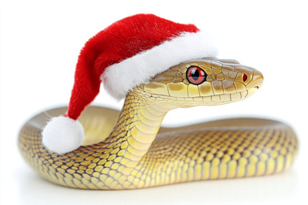 Happy New Year, Silly Snake Adorable Reptile in Santa Hat Isolated on White Background.の素材