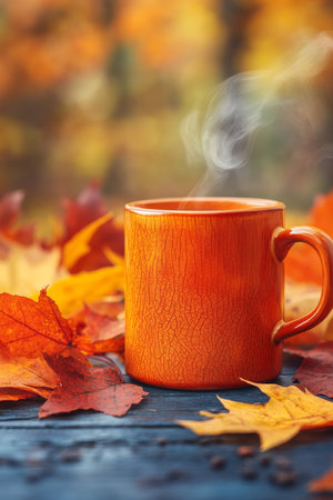 Steaming Orange Mug on Rustic Autumn Table, Cozy Fall Colors, Copy Space for Text Placementの素材