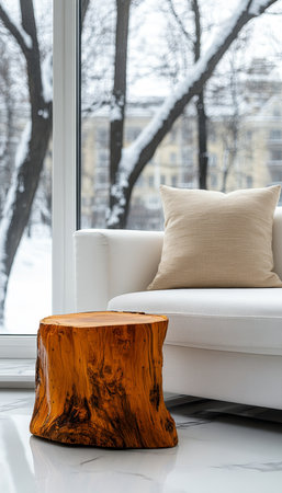 Modern Scandinavian Living Room Interior with Wooden Coffee Table, White Sofa, and Winter Viewの素材