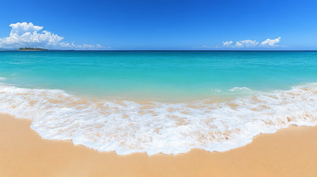Tropical Paradise Tranquil Turquoise Ocean Waves Crashing on Golden Sandy Beach Under Blue Skyの素材