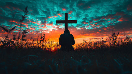 Silhouette Spiritual, Man Kneeling in Prayer at Cross During Sunset, Finding Hope, Faith, Religionの素材