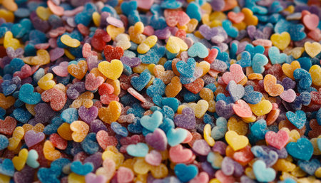 Colorful Heart-Shaped Candies A Valentines Day Background with Vibrant, Sweet Treatsの素材