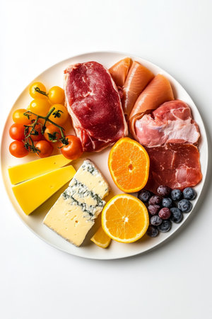 Colorful Charcuterie Board with Fresh Fruit, Cheese, and Meat, Healthy Meal Planning Conceptの素材