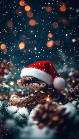 Festive Christmas Snake Wears Santa Hat. 2025 Year of the Snake Symbol. Holiday Greeting Cardの素材
