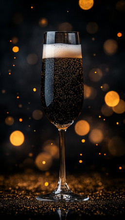 Sparkling Celebration. Elegant Glass of Champagne with Golden Bokeh effect on a Black Background.の素材