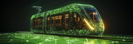 Futuristic Green Public Transportation Electric Tram Glowing on Digital Network, 3D Renderの素材