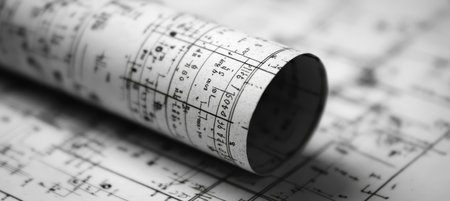 Rolled Architectural Blueprints An Overhead View of Detailed Technical Drawings in Monochromeの素材