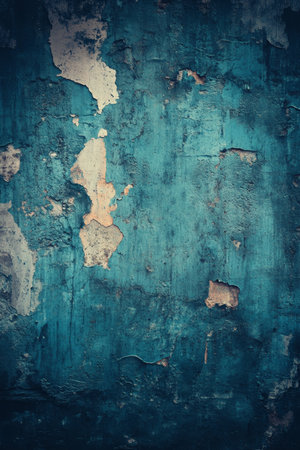 Old, Weathered Wall With Peeling Blue Paint, Abstract Grunge Background, Vertical Compositionの素材