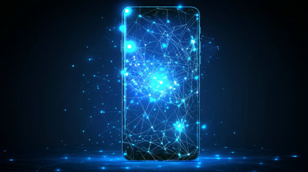 Abstract Smartphone Glowing Lines, Dots, Triangles. Communication and Mobile Technology Concept.の素材